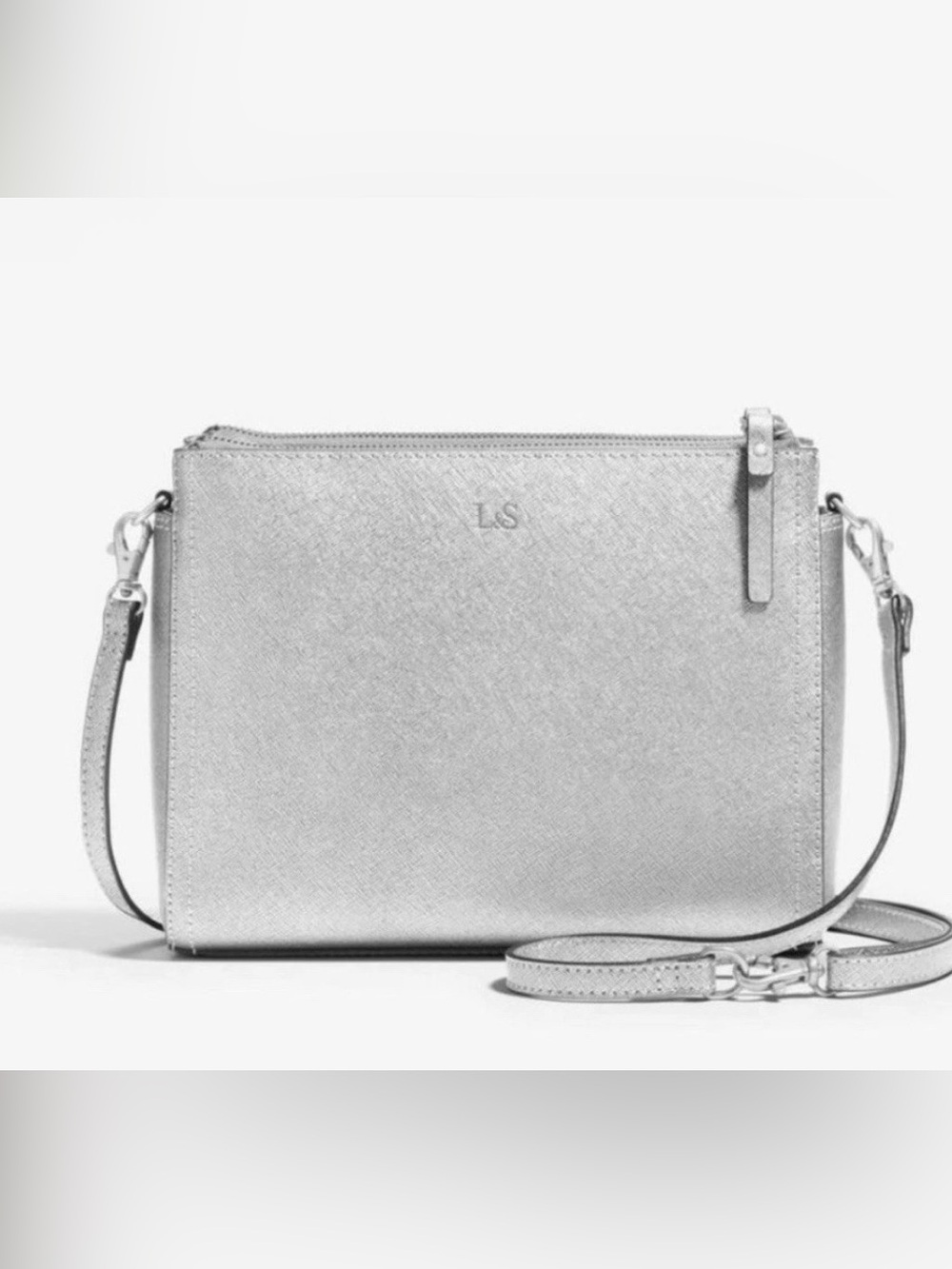 Lo & Sons Pearl Double-Zip Crossbody Saffiano Leather Silver Shimmer Multi